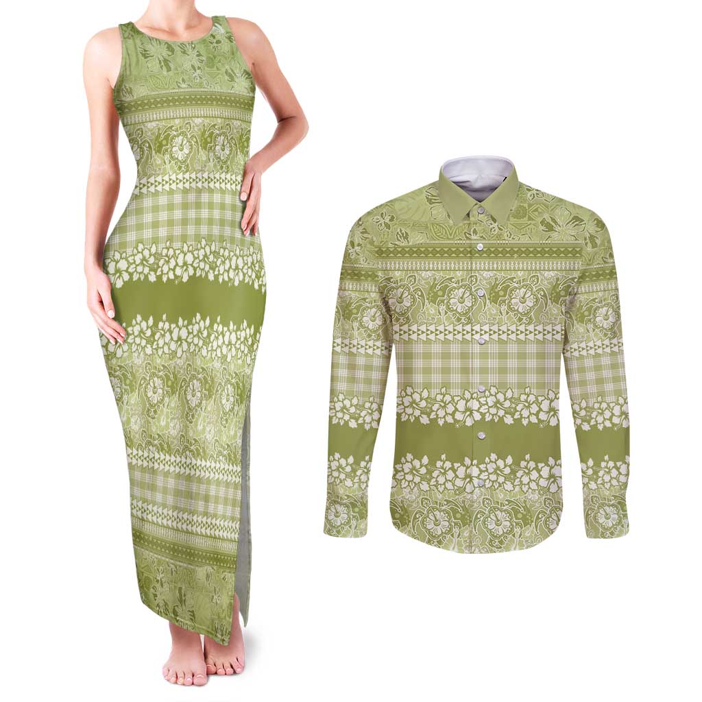 Hawaiian Hibiscus Honu Couples Matching Tank Maxi Dress and Long Sleeve Button Shirt Sage Green Mele Kalikimaka Palaka Spirit - Polynesian Pride
