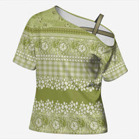 Hawaiian Hibiscus Honu Cross Shoulder Shirt Sage Green Mele Kalikimaka Palaka Spirit - Polynesian Pride