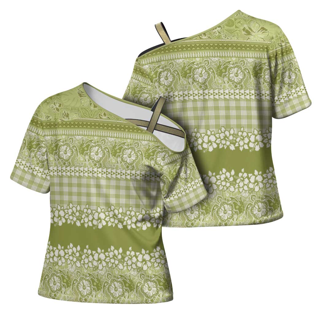 Hawaiian Hibiscus Honu Cross Shoulder Shirt Sage Green Mele Kalikimaka Palaka Spirit - Polynesian Pride