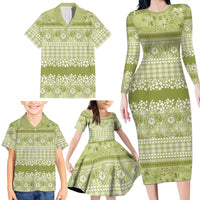 Hawaiian Hibiscus Honu Family Matching Long Sleeve Bodycon Dress and Hawaiian Shirt Sage Green Mele Kalikimaka Palaka Spirit LT9 - Polynesian Pride