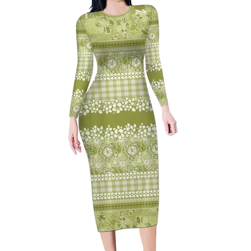 Hawaiian Hibiscus Honu Family Matching Long Sleeve Bodycon Dress and Hawaiian Shirt Sage Green Mele Kalikimaka Palaka Spirit LT9 Sage Green - Polynesian Pride