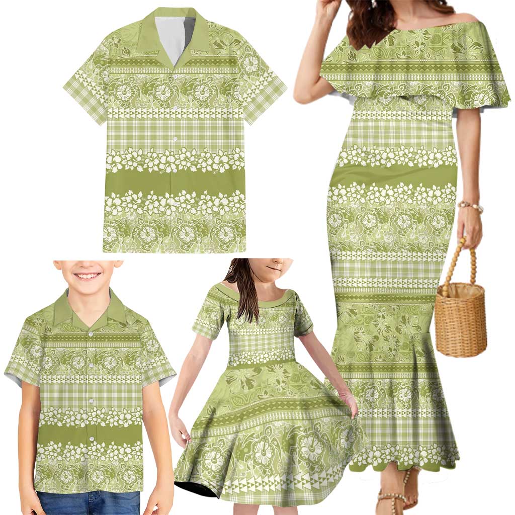 Hawaiian Hibiscus Honu Family Matching Mermaid Dress and Hawaiian Shirt Sage Green Mele Kalikimaka Palaka Spirit LT9 - Polynesian Pride