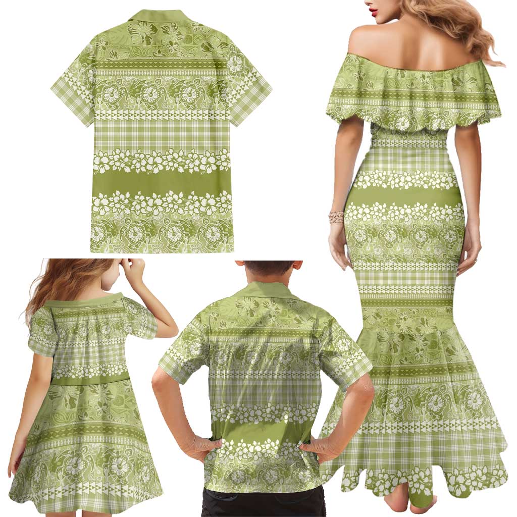Hawaiian Hibiscus Honu Family Matching Mermaid Dress and Hawaiian Shirt Sage Green Mele Kalikimaka Palaka Spirit LT9 - Polynesian Pride