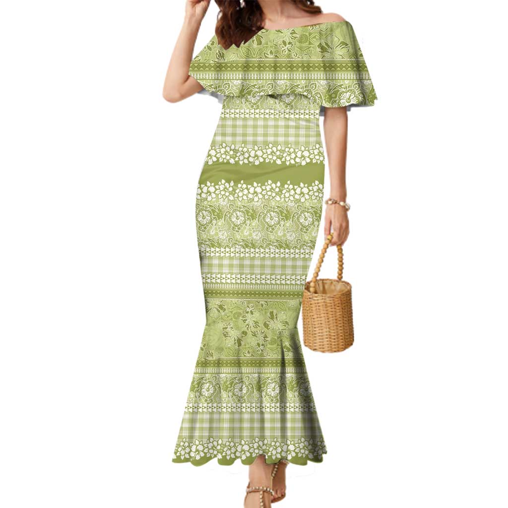 Hawaiian Hibiscus Honu Family Matching Mermaid Dress and Hawaiian Shirt Sage Green Mele Kalikimaka Palaka Spirit LT9 Sage Green - Polynesian Pride