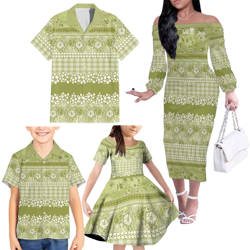 Hawaiian Hibiscus Honu Family Matching Off The Shoulder Long Sleeve Dress and Hawaiian Shirt Sage Green Mele Kalikimaka Palaka Spirit LT9 - Polynesian Pride