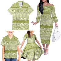 Hawaiian Hibiscus Honu Family Matching Off The Shoulder Long Sleeve Dress and Hawaiian Shirt Sage Green Mele Kalikimaka Palaka Spirit LT9 - Polynesian Pride