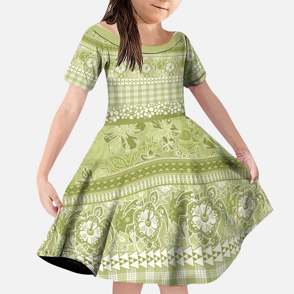 Hawaiian Hibiscus Honu Family Matching Off Shoulder Maxi Dress and Hawaiian Shirt Sage Green Mele Kalikimaka Palaka Spirit LT9 Daughter's Dress Sage Green - Polynesian Pride