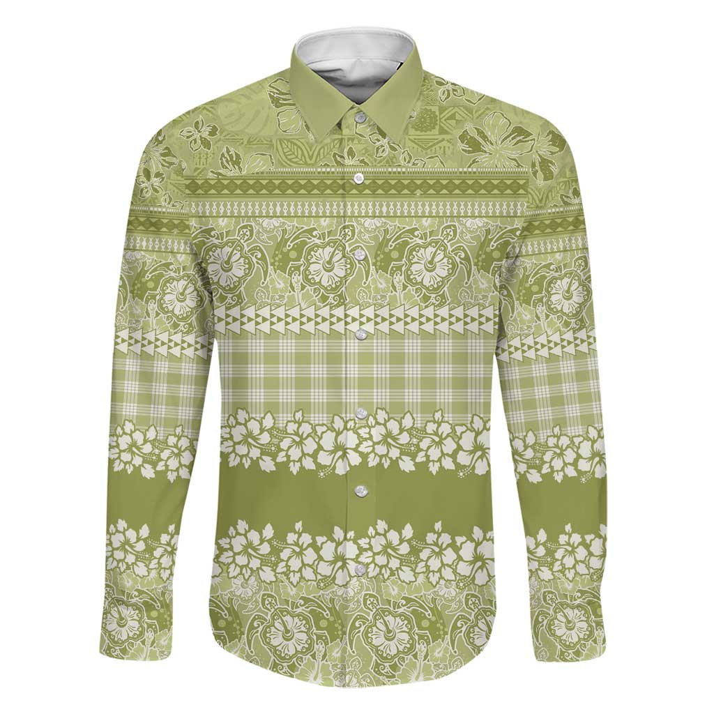 Hawaiian Hibiscus Honu Family Matching Off Shoulder Maxi Dress and Hawaiian Shirt Sage Green Mele Kalikimaka Palaka Spirit LT9 Dad's Shirt - Long Sleeve Sage Green - Polynesian Pride