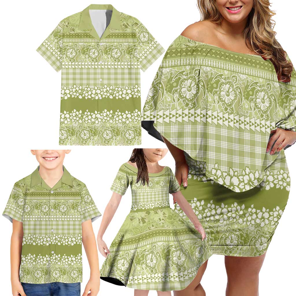Hawaiian Hibiscus Honu Family Matching Off Shoulder Short Dress and Hawaiian Shirt Sage Green Mele Kalikimaka Palaka Spirit - Polynesian Pride