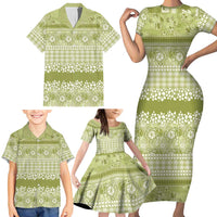 Hawaiian Hibiscus Honu Family Matching Short Sleeve Bodycon Dress and Hawaiian Shirt Sage Green Mele Kalikimaka Palaka Spirit LT9 - Polynesian Pride