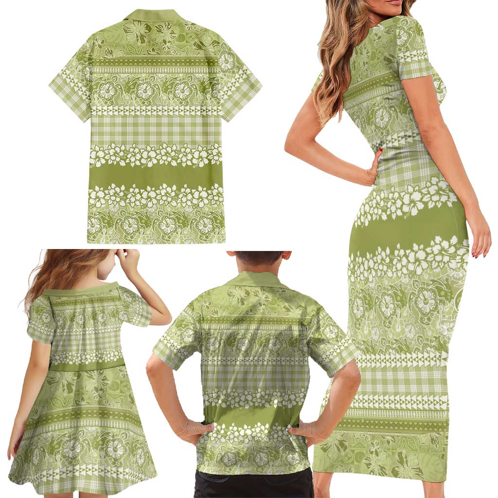 Hawaiian Hibiscus Honu Family Matching Short Sleeve Bodycon Dress and Hawaiian Shirt Sage Green Mele Kalikimaka Palaka Spirit LT9 - Polynesian Pride