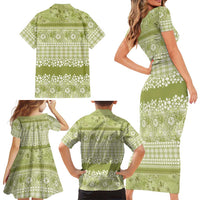 Hawaiian Hibiscus Honu Family Matching Short Sleeve Bodycon Dress and Hawaiian Shirt Sage Green Mele Kalikimaka Palaka Spirit LT9 - Polynesian Pride