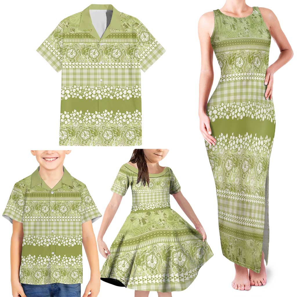 Hawaiian Hibiscus Honu Family Matching Tank Maxi Dress and Hawaiian Shirt Sage Green Mele Kalikimaka Palaka Spirit - Polynesian Pride