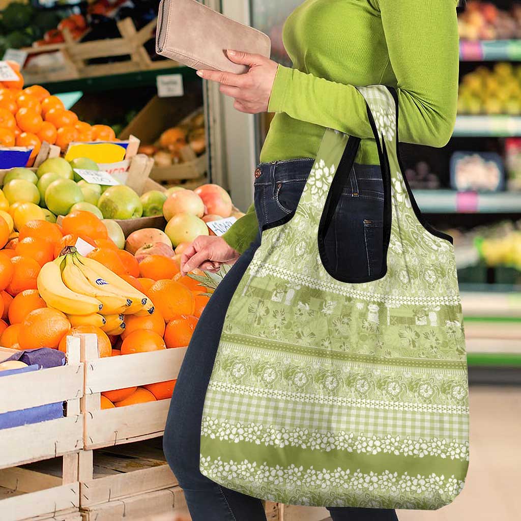 Hawaiian Hibiscus Honu Grocery Bag Sage Green Mele Kalikimaka Palaka Spirit - Polynesian Pride