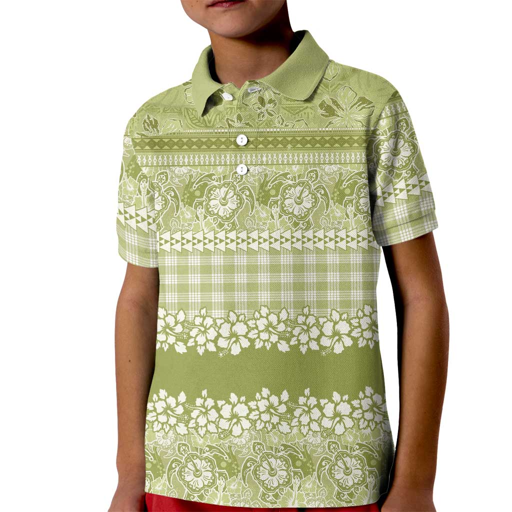 Hawaiian Hibiscus Honu Kid Polo Shirt Sage Green Mele Kalikimaka Palaka Spirit - Polynesian Pride