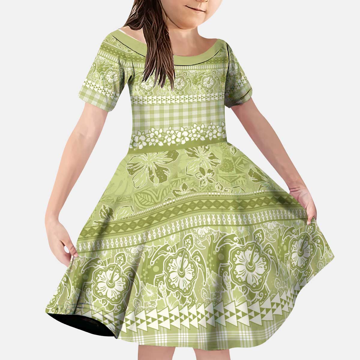 Hawaiian Hibiscus Honu Kid Short Sleeve Dress Sage Green Mele Kalikimaka Palaka Spirit - Polynesian Pride