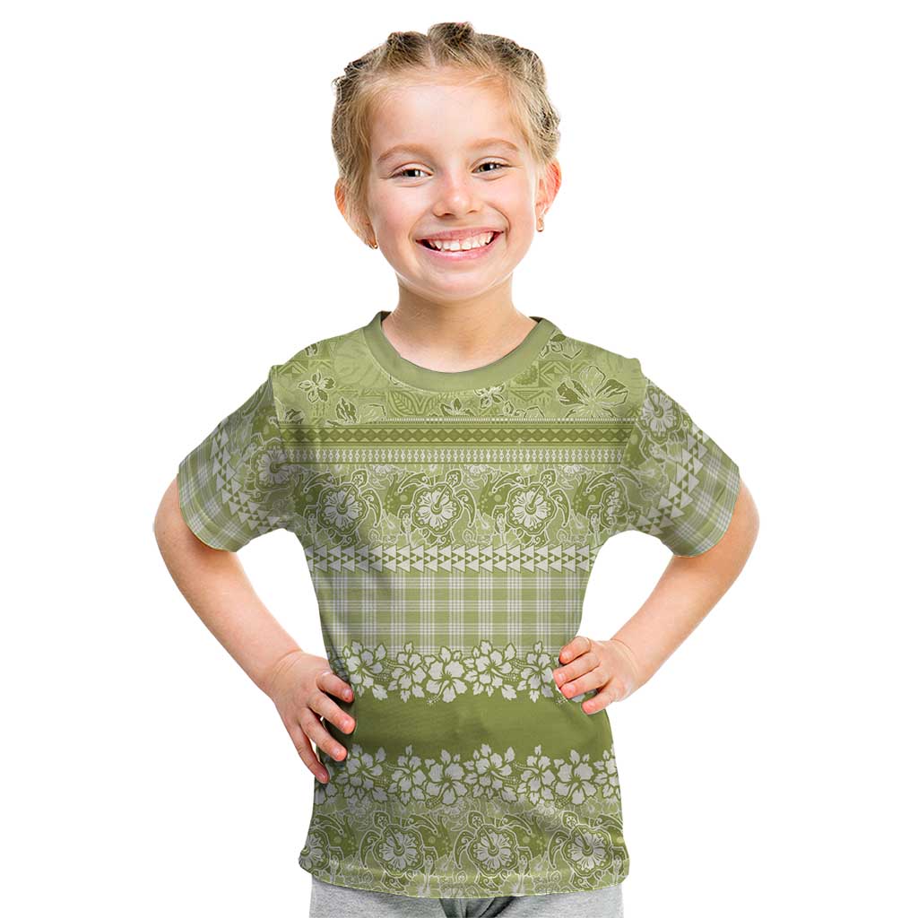 Hawaiian Hibiscus Honu Kid T Shirt Sage Green Mele Kalikimaka Palaka Spirit - Polynesian Pride