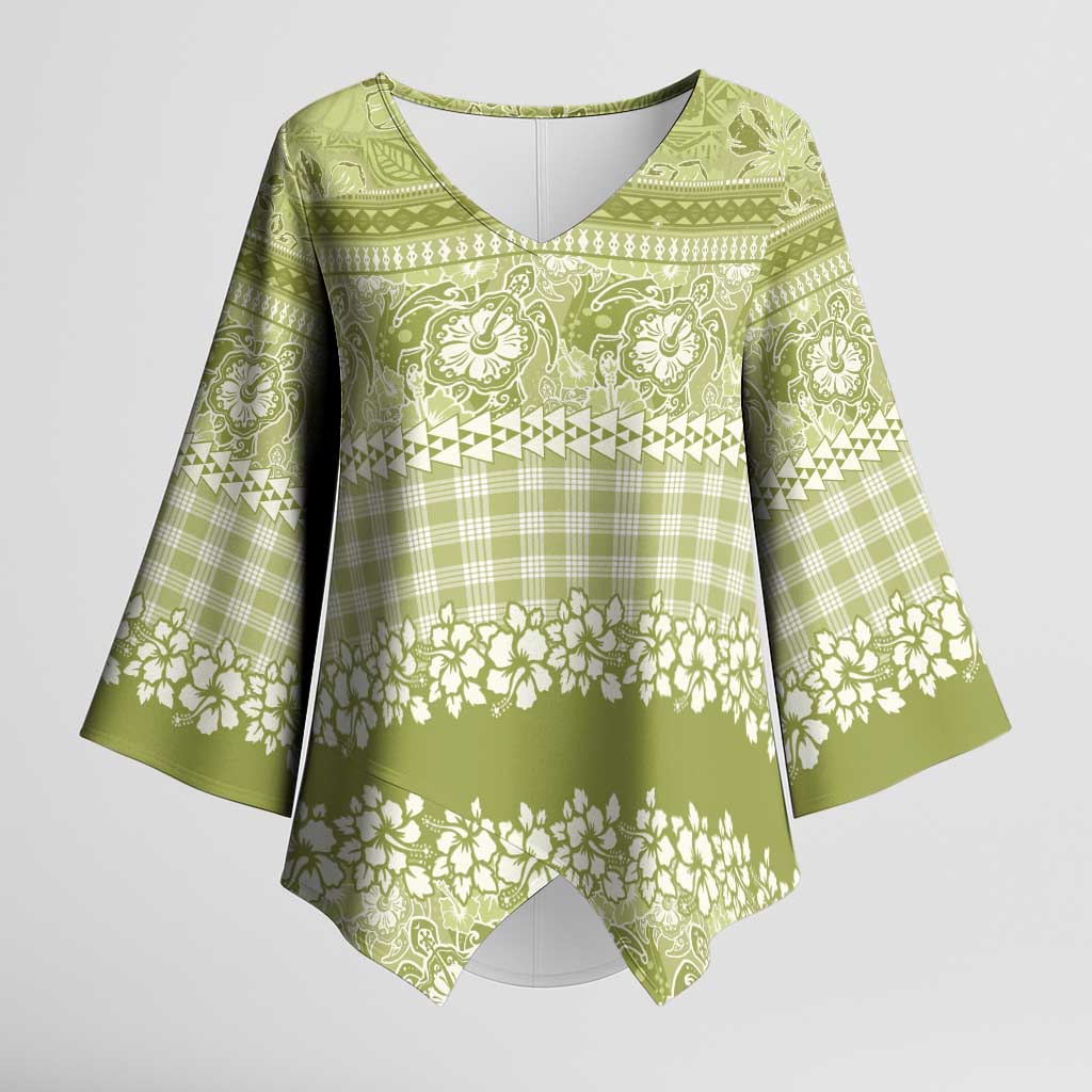 Hawaiian Hibiscus Honu Kimono Sleeve Blouse Sage Green Mele Kalikimaka Palaka Spirit - Polynesian Pride