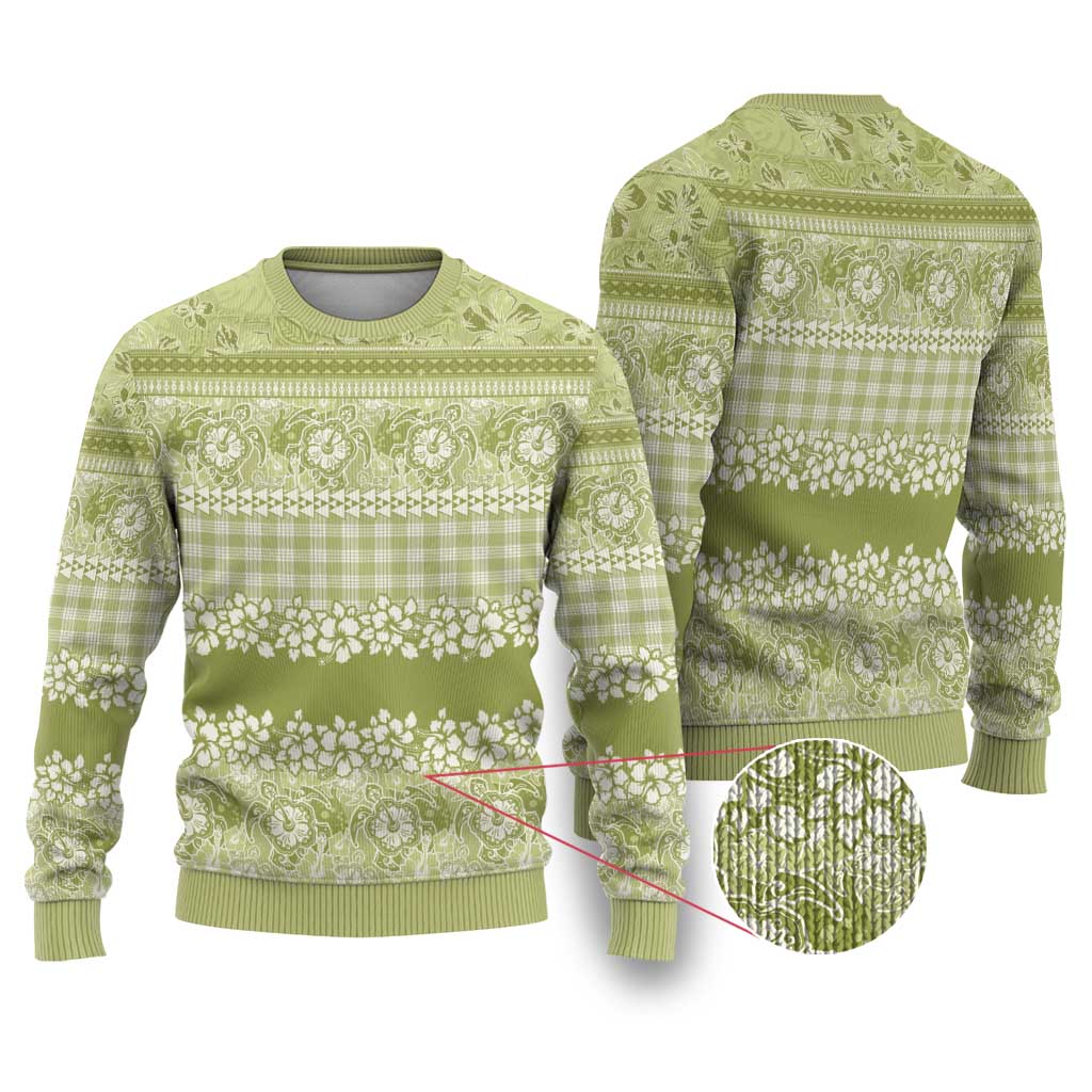 Hawaiian Hibiscus Honu Ugly Christmas Sweater Sage Green Mele Kalikimaka Palaka Spirit - Polynesian Pride