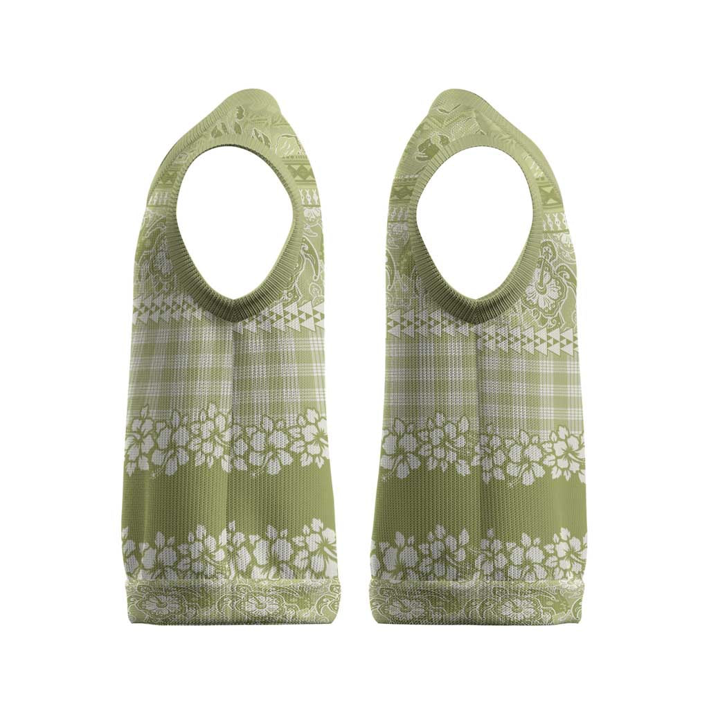 Hawaiian Hibiscus Honu Christmas Knitted V-Neck Vest Sage Green Mele Kalikimaka Palaka Spirit - Polynesian Pride