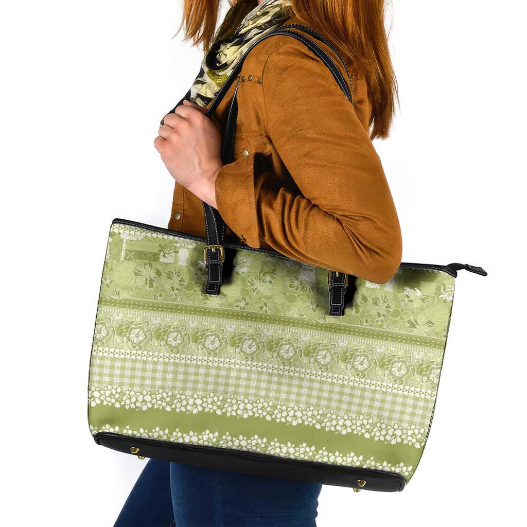 Hawaiian Hibiscus Honu Leather Tote Bag Sage Green Mele Kalikimaka Palaka Spirit - Polynesian Pride