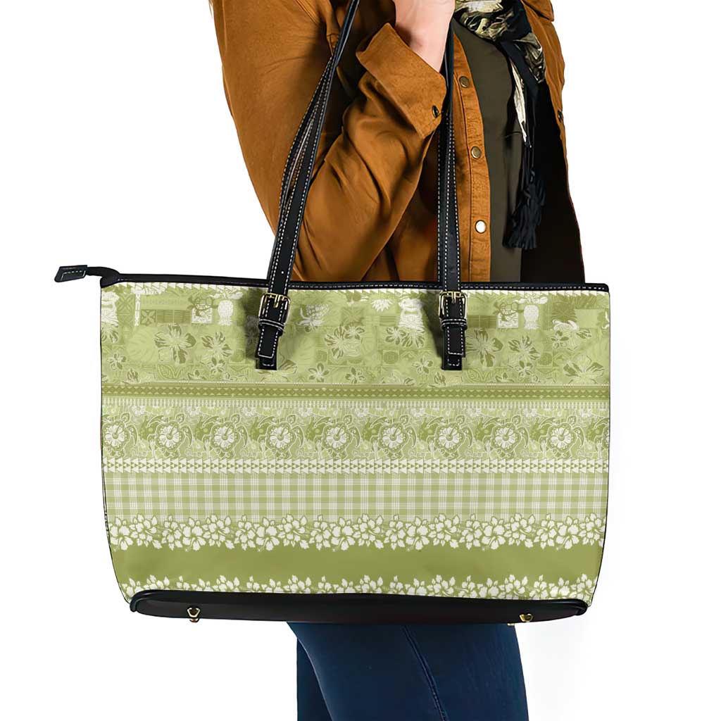 Hawaiian Hibiscus Honu Leather Tote Bag Sage Green Mele Kalikimaka Palaka Spirit - Polynesian Pride