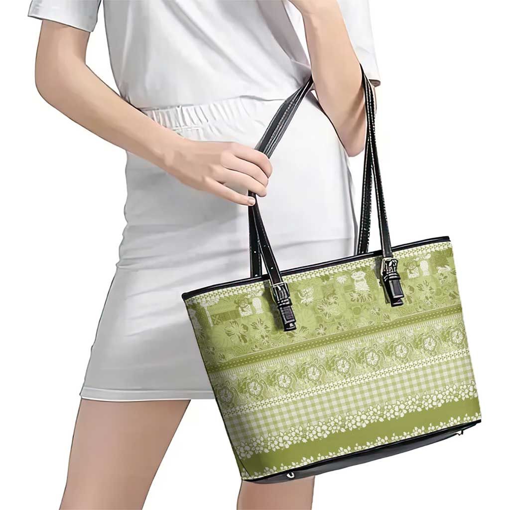 Hawaiian Hibiscus Honu Leather Tote Bag Sage Green Mele Kalikimaka Palaka Spirit - Polynesian Pride