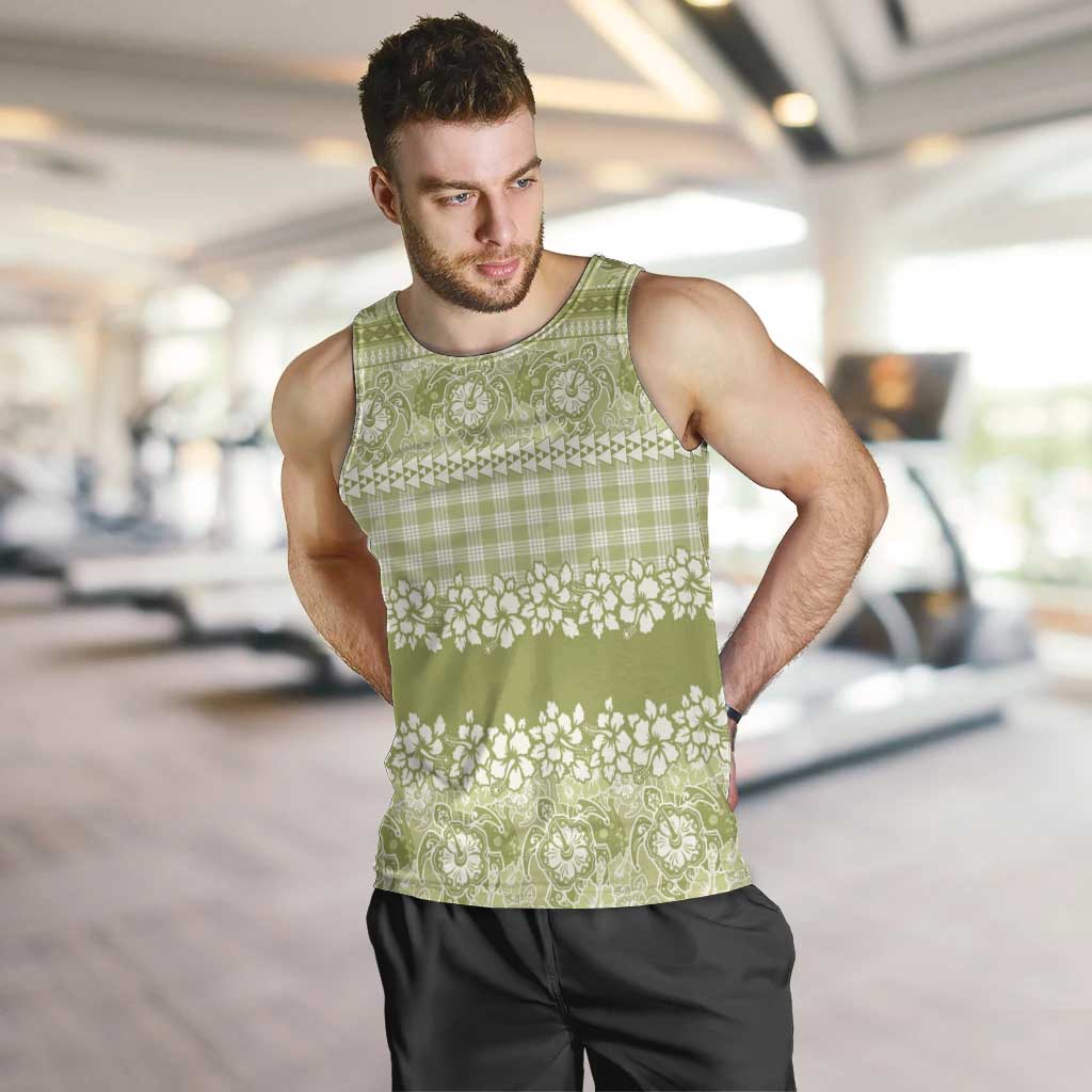 Hawaiian Hibiscus Honu Men Tank Top Sage Green Mele Kalikimaka Palaka Spirit - Polynesian Pride