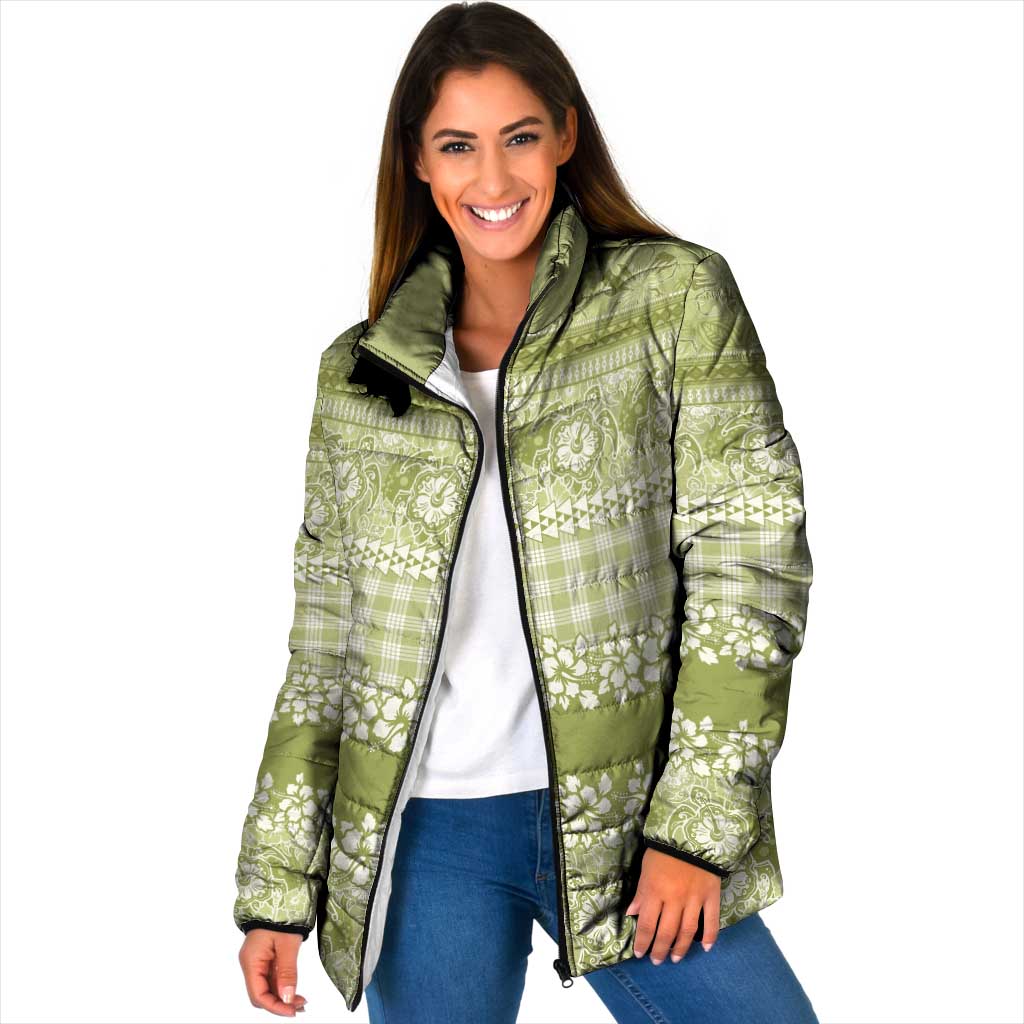 Hawaiian Hibiscus Honu Padded Jacket Sage Green Mele Kalikimaka Palaka Spirit LT9 Women Sage Green - Polynesian Pride