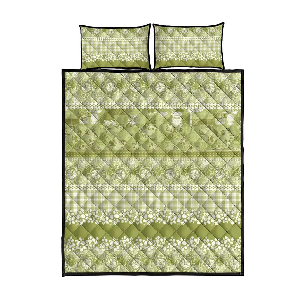 Hawaiian Hibiscus Honu Quilt Bed Set Sage Green Mele Kalikimaka Palaka Spirit - Polynesian Pride