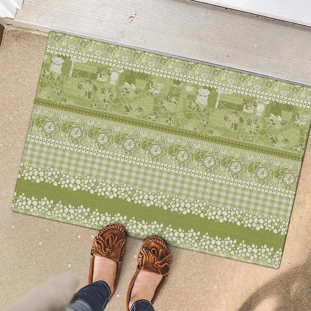 Hawaiian Hibiscus Honu Rubber Doormat Sage Green Mele Kalikimaka Palaka Spirit - Polynesian Pride