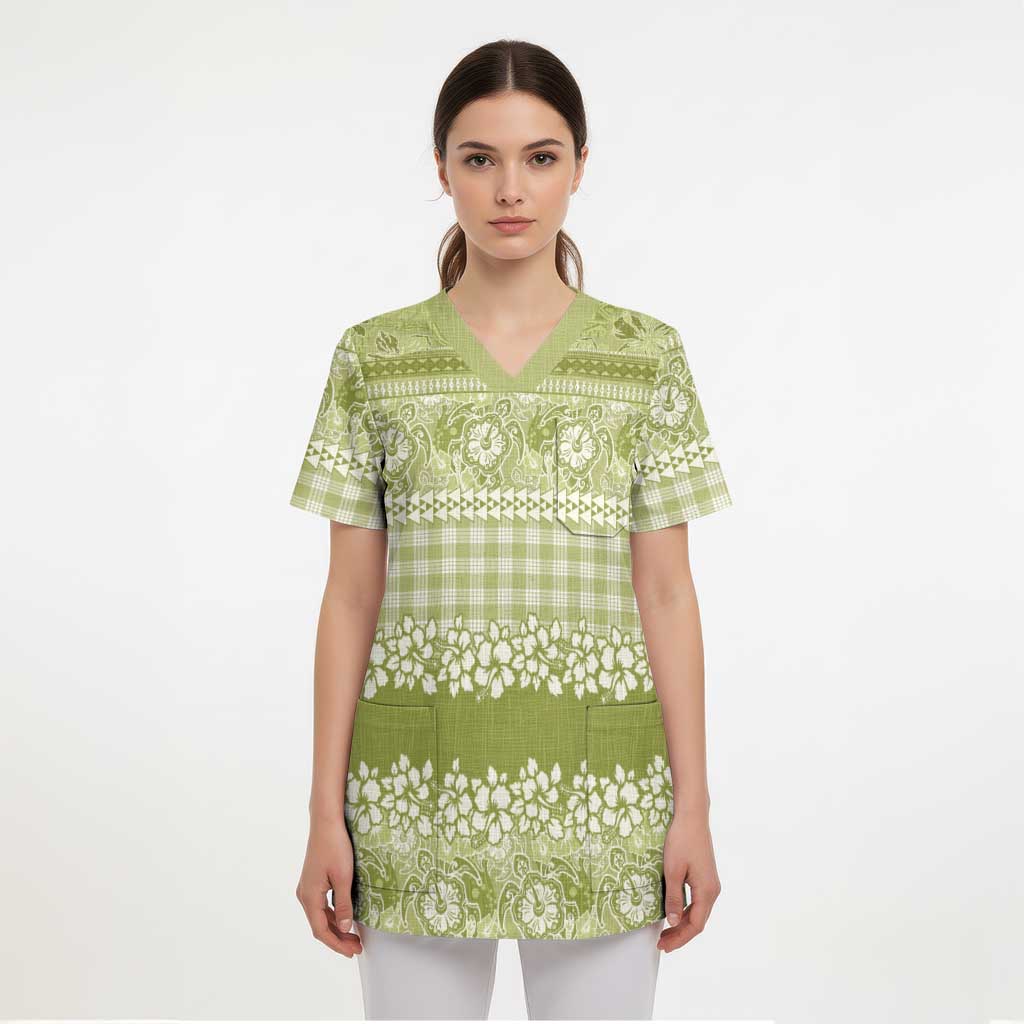 Hawaiian Hibiscus Honu Scrub Top Sage Green Mele Kalikimaka Palaka Spirit - Polynesian Pride