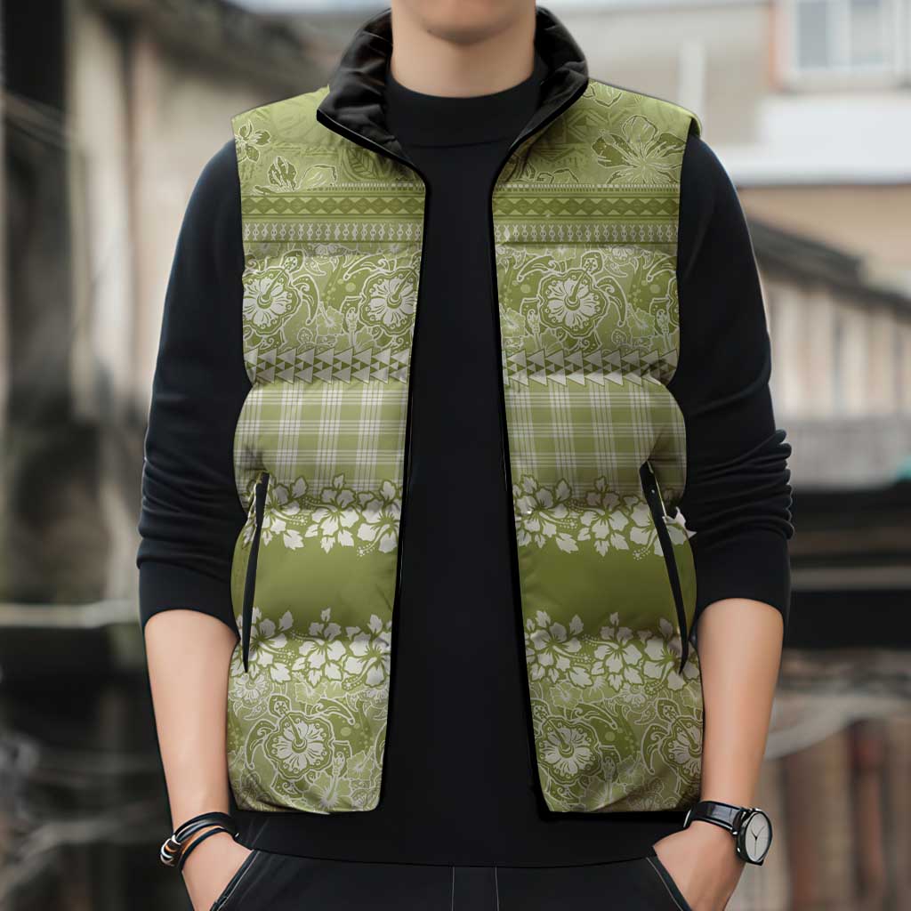 Hawaiian Hibiscus Honu Sleeveless Puffer Jacket Sage Green Mele Kalikimaka Palaka Spirit - Polynesian Pride