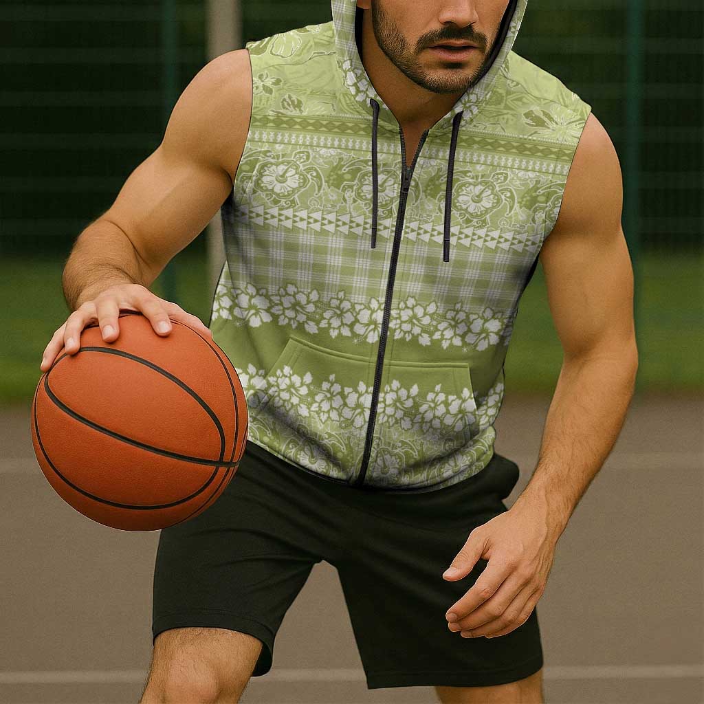 Hawaiian Hibiscus Honu Sleeveless Zip Hoodie Sage Green Mele Kalikimaka Palaka Spirit - Polynesian Pride