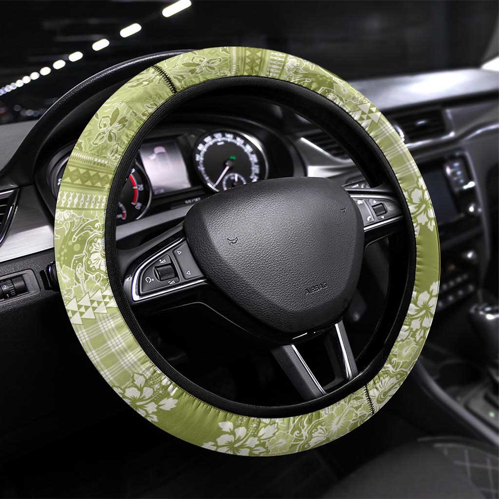 Hawaiian Hibiscus Honu Steering Wheel Cover Sage Green Mele Kalikimaka Palaka Spirit - Polynesian Pride