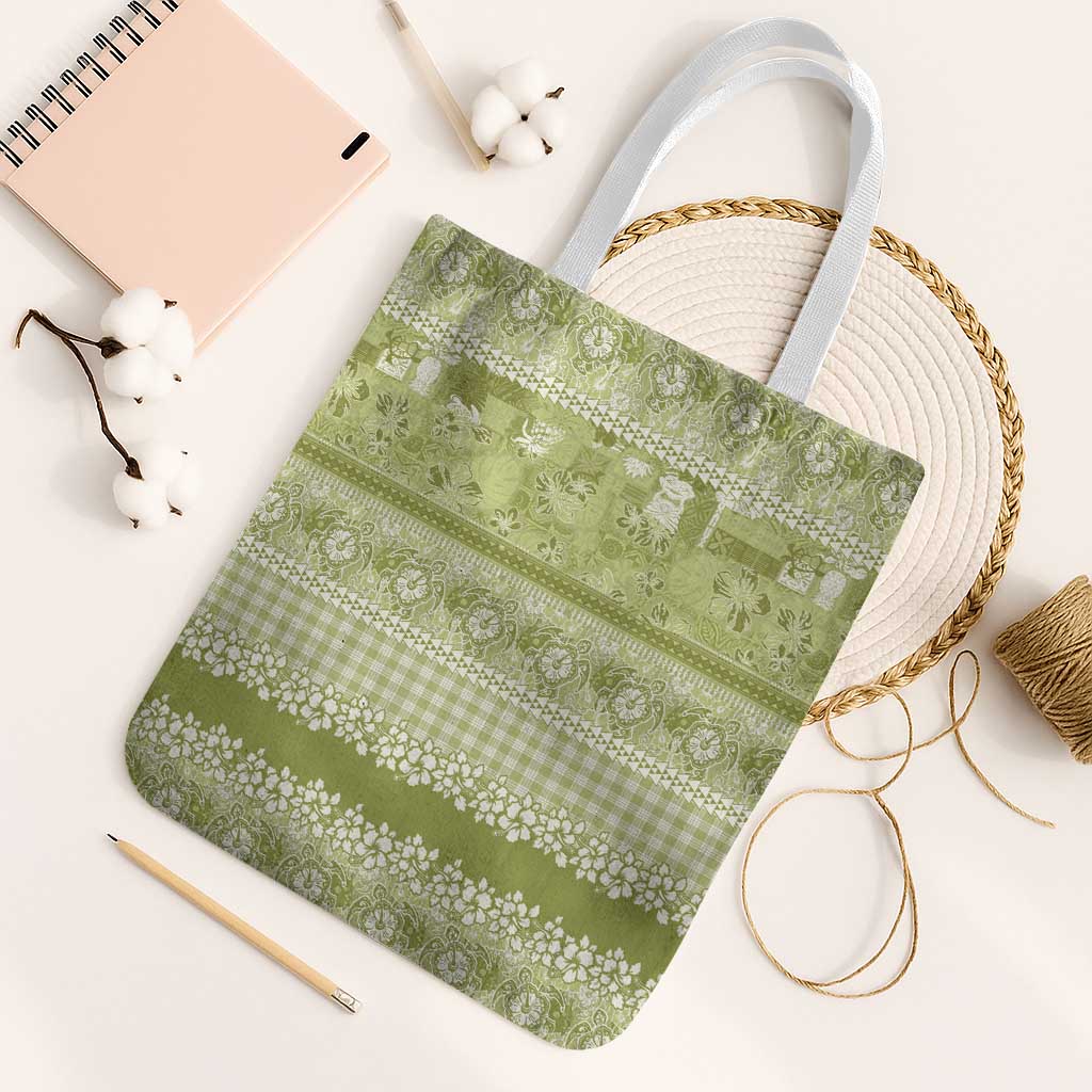 Hawaiian Hibiscus Honu Tote Bag Sage Green Mele Kalikimaka Palaka Spirit - Polynesian Pride