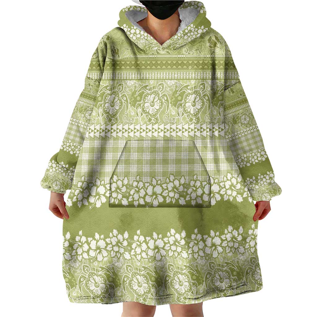 Hawaiian Hibiscus Honu Wearable Blanket Hoodie Sage Green Mele Kalikimaka Palaka Spirit - Polynesian Pride