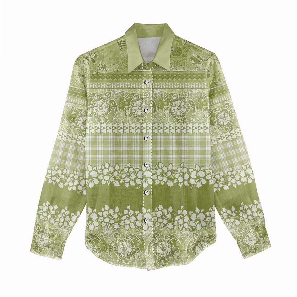 Hawaiian Hibiscus Honu Women Casual Shirt Sage Green Mele Kalikimaka Palaka Spirit LT9 - Polynesian Pride