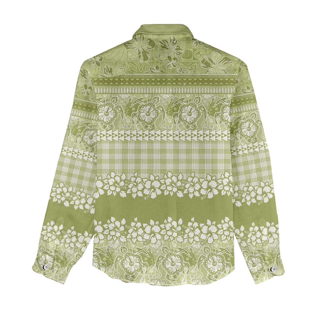 Hawaiian Hibiscus Honu Women Casual Shirt Sage Green Mele Kalikimaka Palaka Spirit LT9 - Polynesian Pride
