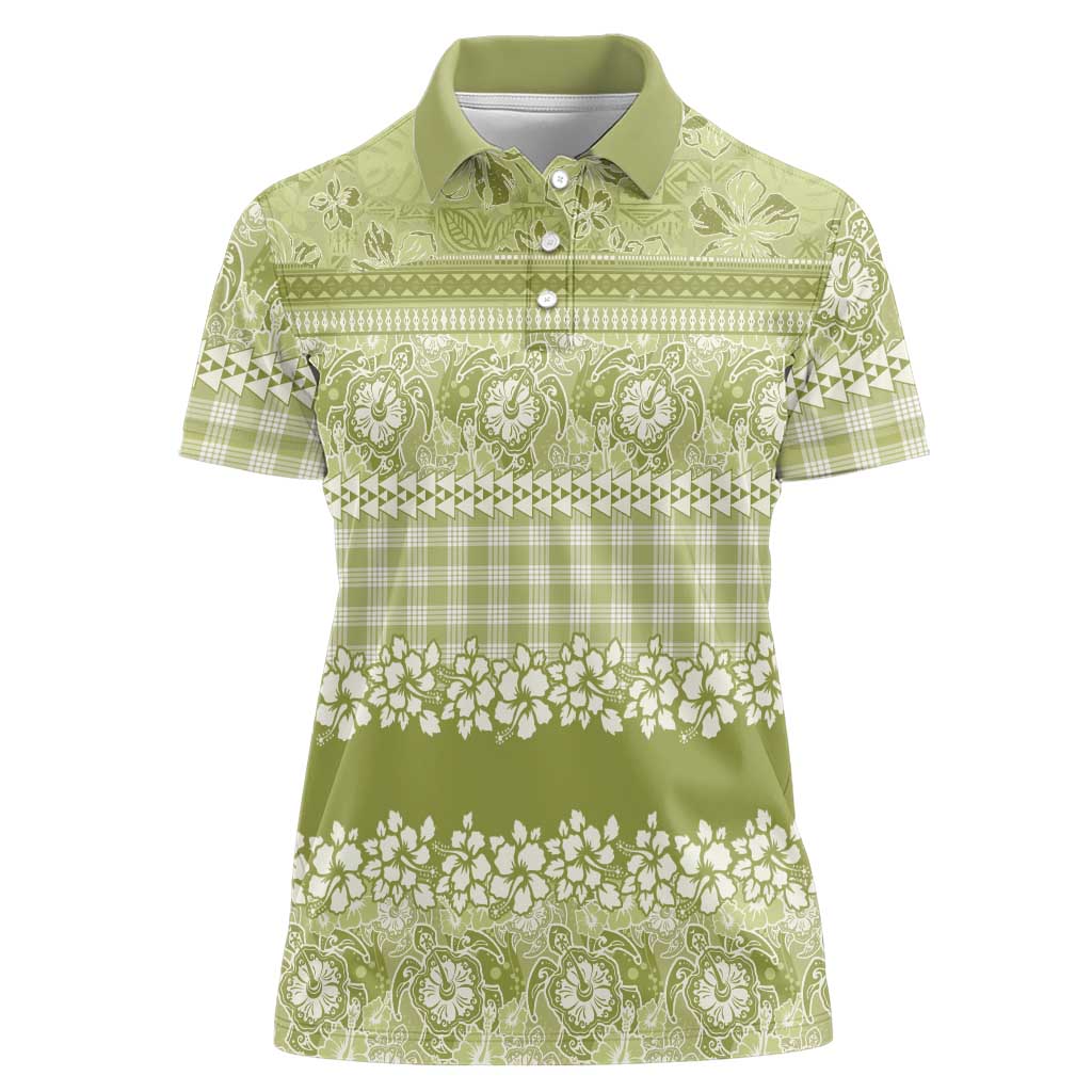 Hawaiian Hibiscus Honu Women Polo Shirt Sage Green Mele Kalikimaka Palaka Spirit - Polynesian Pride