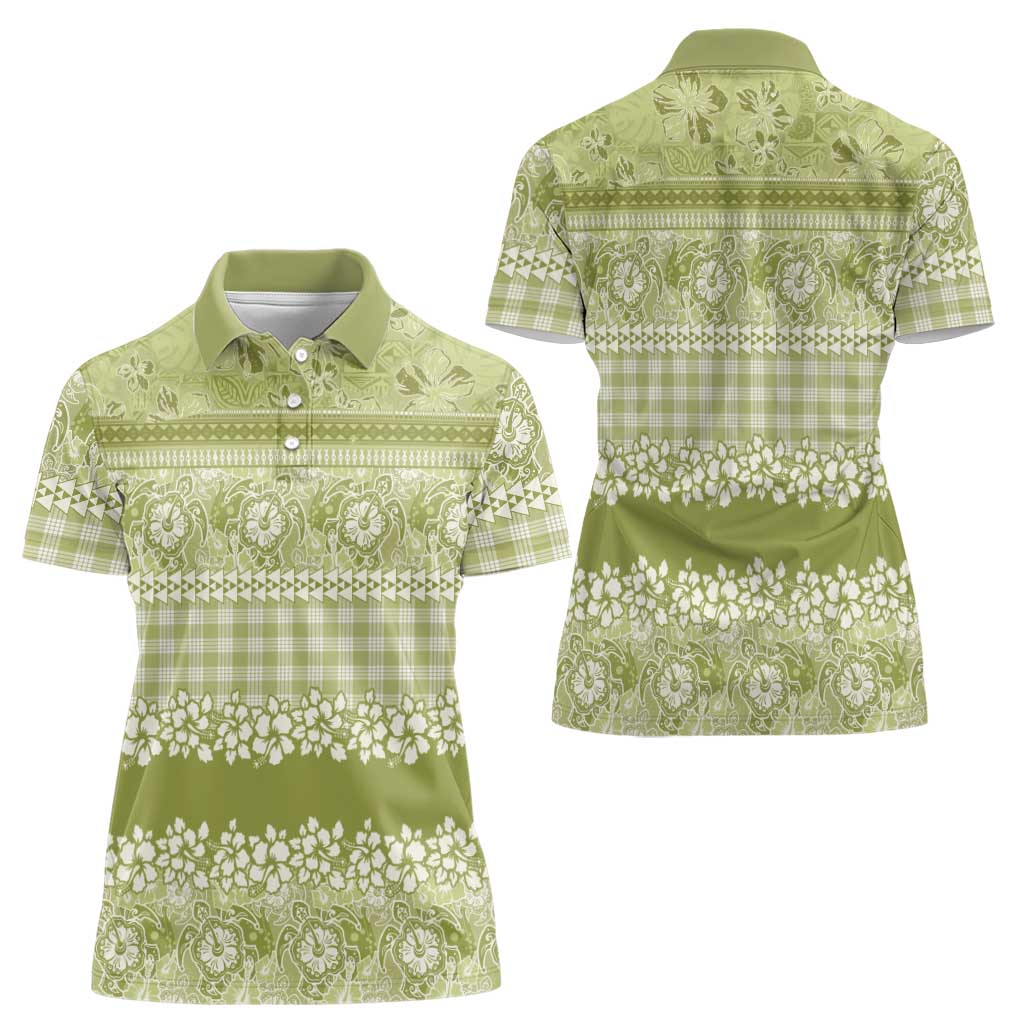 Hawaiian Hibiscus Honu Women Polo Shirt Sage Green Mele Kalikimaka Palaka Spirit LT9 - Polynesian Pride