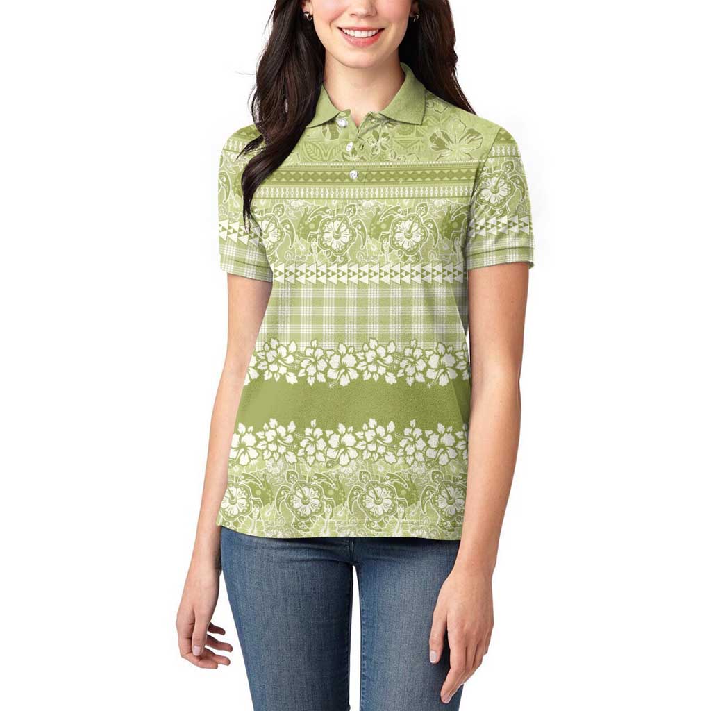 Hawaiian Hibiscus Honu Women Polo Shirt Sage Green Mele Kalikimaka Palaka Spirit LT9 - Polynesian Pride