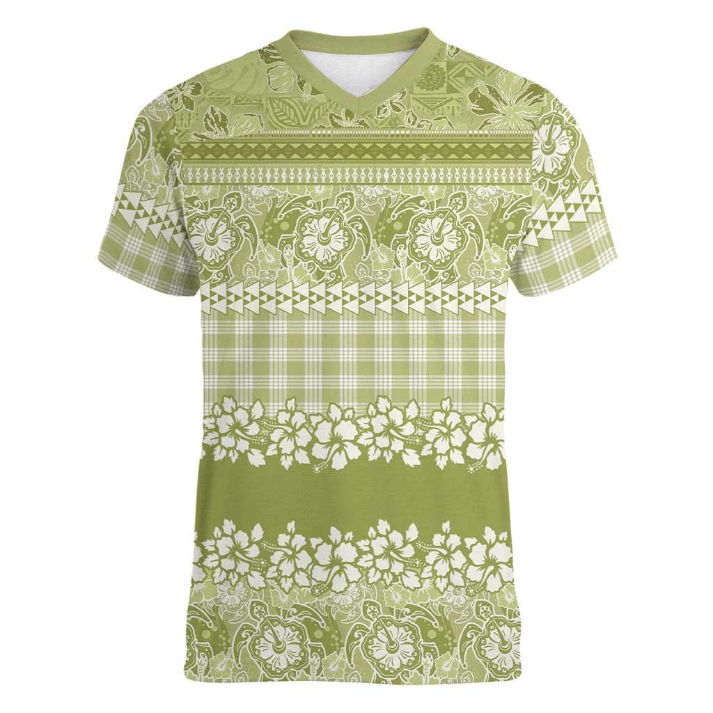 Hawaiian Hibiscus Honu Women V-Neck T-Shirt Sage Green Mele Kalikimaka Palaka Spirit - Polynesian Pride