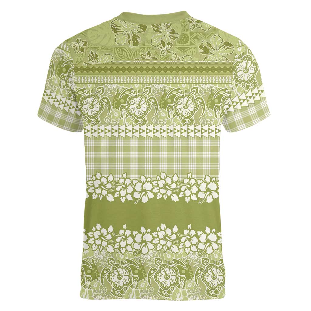 Hawaiian Hibiscus Honu Women V-Neck T-Shirt Sage Green Mele Kalikimaka Palaka Spirit LT9 - Polynesian Pride