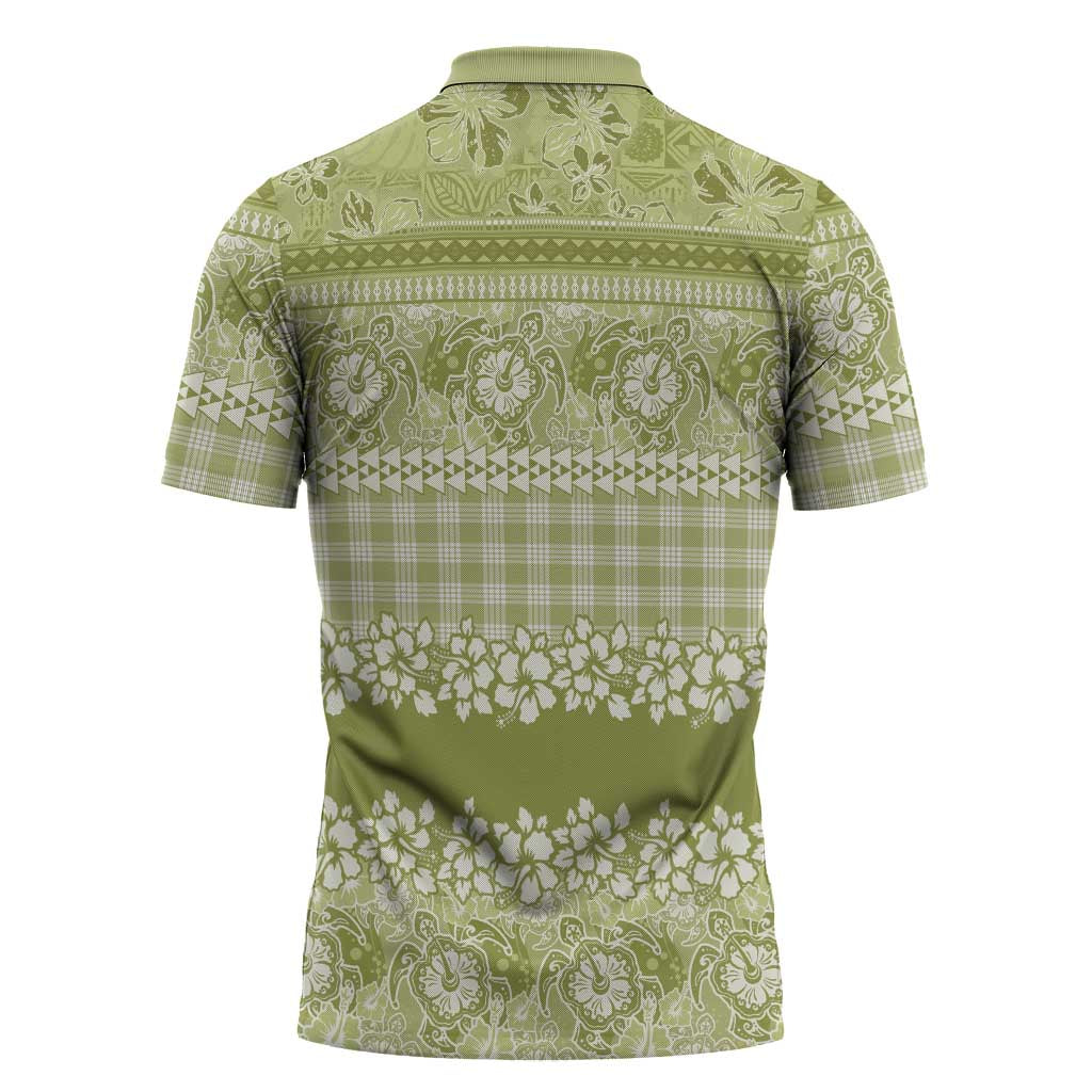 Hawaiian Hibiscus Honu Zipper Polo Shirt Sage Green Mele Kalikimaka Palaka Spirit - Polynesian Pride