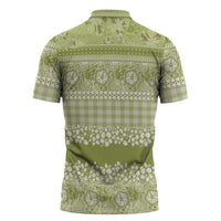 Hawaiian Hibiscus Honu Zipper Polo Shirt Sage Green Mele Kalikimaka Palaka Spirit - Polynesian Pride