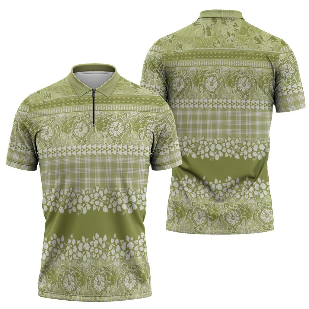 Hawaiian Hibiscus Honu Zipper Polo Shirt Sage Green Mele Kalikimaka Palaka Spirit - Polynesian Pride