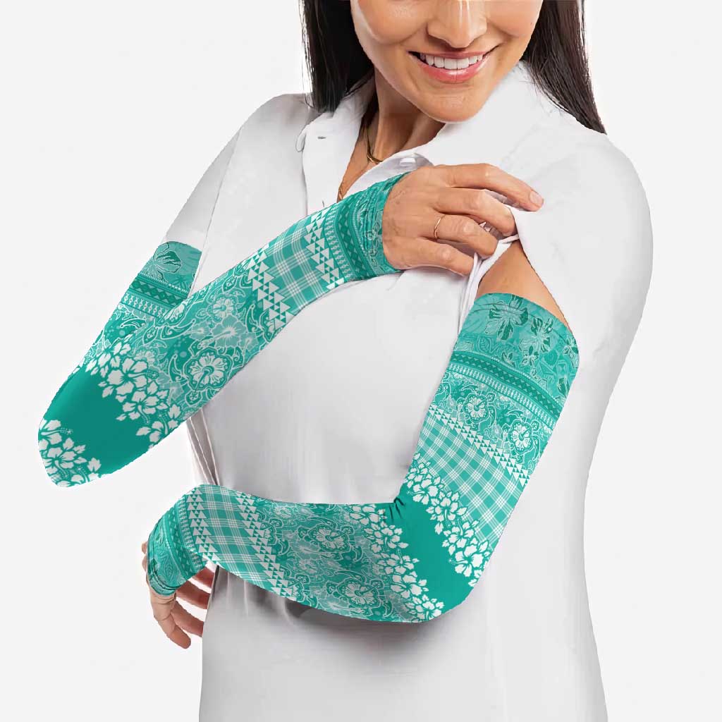 Hawaiian Hibiscus Honu Arm Sleeves Turquoise Mele Kalikimaka Palaka Spirit - Polynesian Pride
