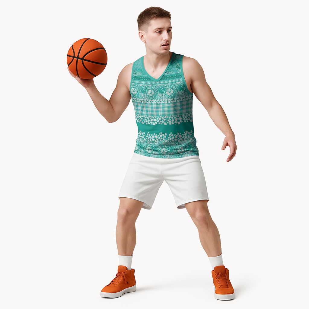 Hawaiian Hibiscus Honu Basketball Jersey Turquoise Mele Kalikimaka Palaka Spirit - Polynesian Pride