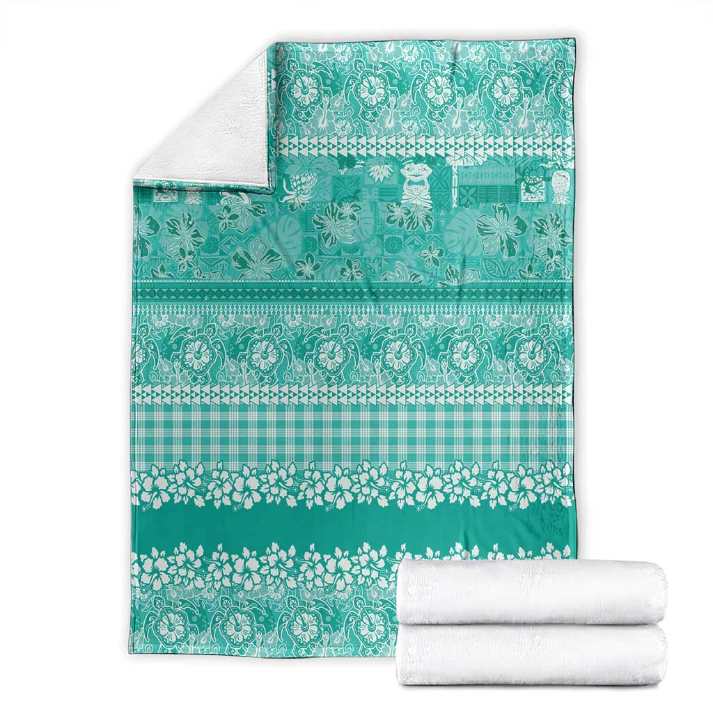Hawaiian Hibiscus Honu Blanket Turquoise Mele Kalikimaka Palaka Spirit - Polynesian Pride
